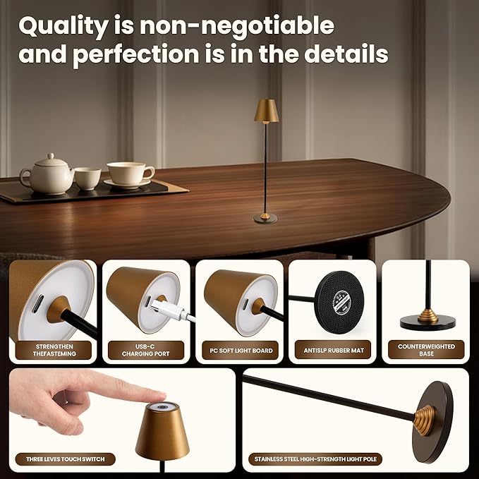 Timjorman RGB Palm-Sized Cordless Table Lamp, Rechargeable Touch Metal Bedside Lamp, 3 Brightness 3000K Warm Light, Small Table Lamp for Bedroom, Restaurant, Patio, Camping (Antique Brass&Black 1PACK)