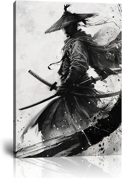 Black and White Warrior Wall Decor Japanese Samurai Wall Art Prints Vintage Japanese Cultural Samurai Pictures Canvas Painting Framed for Living Room Bathroom Bedroom Office (28''W x 44''H)