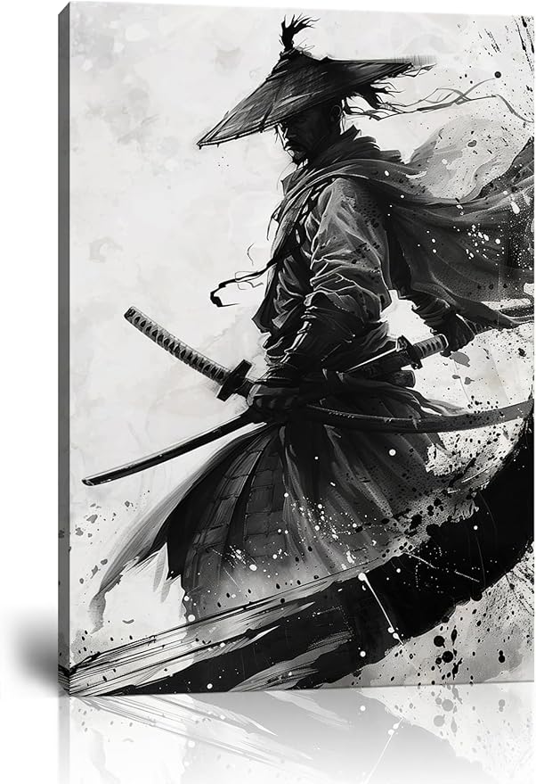 Black and White Warrior Wall Decor Japanese Samurai Wall Art Prints Vintage Japanese Cultural Samurai Pictures Canvas Painting Framed for Living Room Bathroom Bedroom Office (18''W x 24''H)