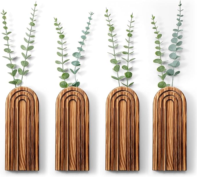 Ziliny 4 Pack Wall Planter Indoor Decor Plant Holders Boho Wood Hanging Vases for Modern Farmhouse Living Room Bedroom Rainbow Decor (Dark Brown)