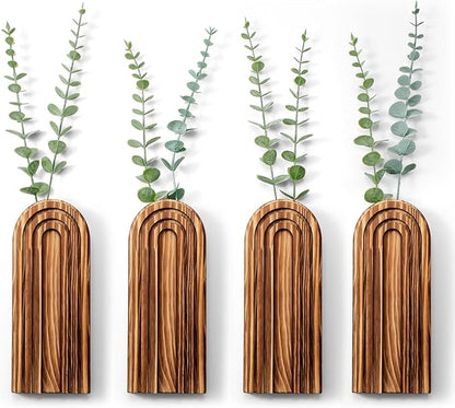 Ziliny 4 Pack Wall Planter Indoor Decor Plant Holders Boho Wood Hanging Vases for Modern Farmhouse Living Room Bedroom Rainbow Decor (Dark Brown)