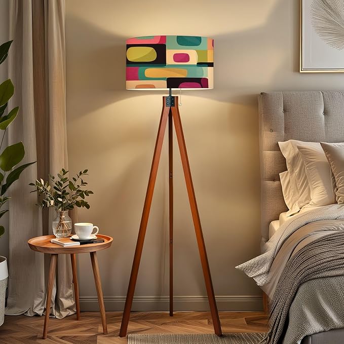 Wood Tripod Floor Lamp mid Century Style Seamless Mid Century Standing Lamp Linen Shade Dimmable Modern Tall lamp Home Decor for Living Room Bedroom Office