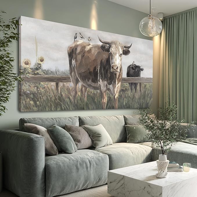 ZENPEE Large Brown and Black Cow Canvas Wall Art – Vintage Farmhouse Animal Decor for Bedroom, Bathroom, Office, Fireplace & Kitchen, 29 x 58 Inch