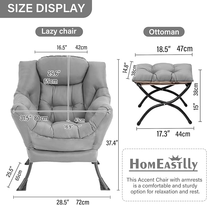 Lazy Chair with Ottoman, Large Light Grey Accent Chair with Ottoman, Comfy Reading Armchair, Leisure Sofa Chair for Living Room, Bedroom, Dorm Room, Office