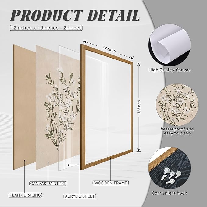 Vintage Botanical Wall Art Neutral Floral Prints Farmhouse Flower Canvas Wall Decor Watercolor Wildflower Pictures Nature Minimalist Artwork for Living Room Bedroom 12x16 Inch Wood Framed Set of 2