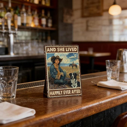 Cowgirl Metal Tin Signs and She Lived Happily Ever After Decorative Poster Wall Art Decoration for Home Bar Club Coffee shop 12x8 Inch