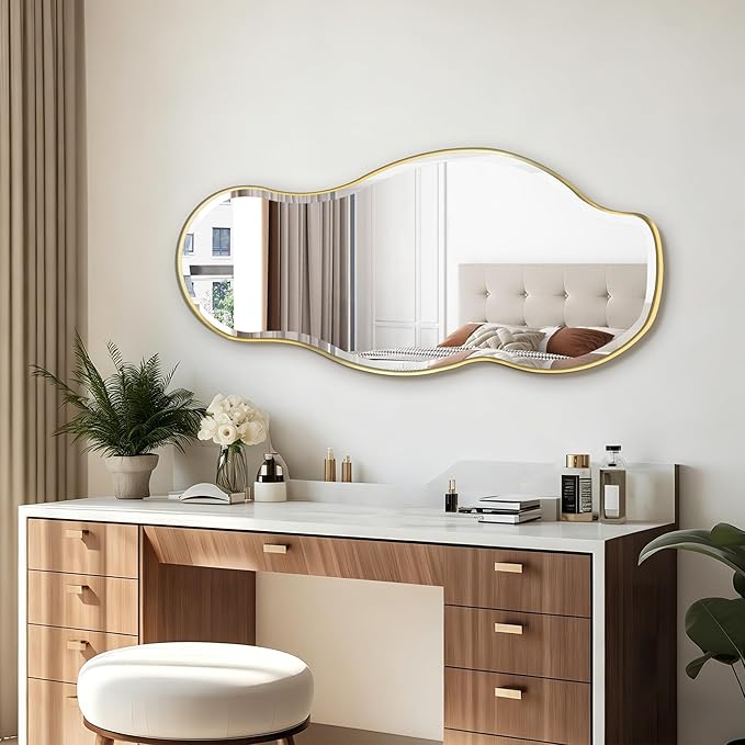 POZINO Irregular Beveled Mirror, 40"x18" Premium Asymmetrical Mirror with Gold Metal Frame, Modern Organic Wall Mirrors for Living Room Bathroom Bedroom Hallway Entryway, Horizontal/Vertical Hanging