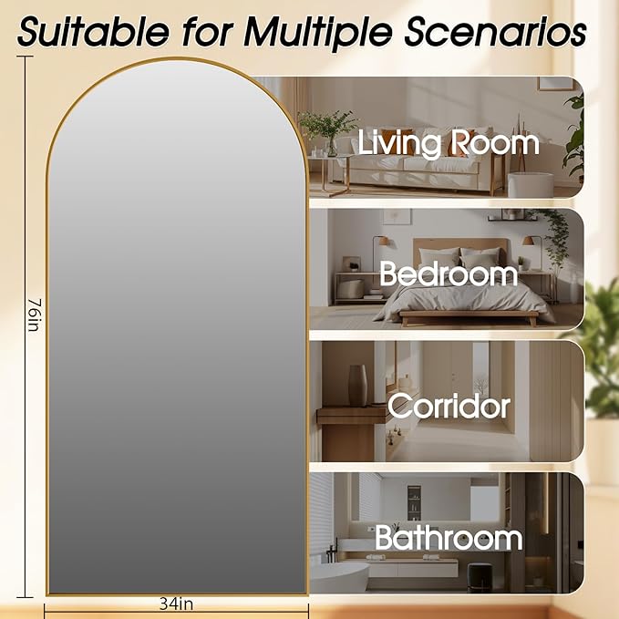 76"x34" Floor Mirror Full Length, Arched Full Length Mirror with Stand, Large Full Body Mirrors for Bedroom Living Room or Cloakroom Gold