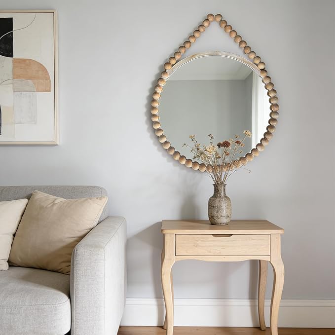 POZINO Wood Beaded Round Wall Mirror, 24" Farmhouse Hanging Rustic Mirror with Rope, Spherical Frame for Bathroom Bedroom Living Room Hallway Entryway Fireplace