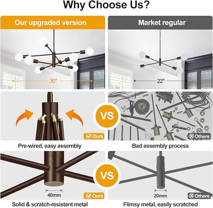 10.9"-52.3" Height Adjustable Modern Chandelier Ceiling Light Fixture, 8-Light Sputnik Chandeliers Brown and Gold Mid Century Chandelier Over Table, Chandeliers for Dining Room (Bulbs Not Included)