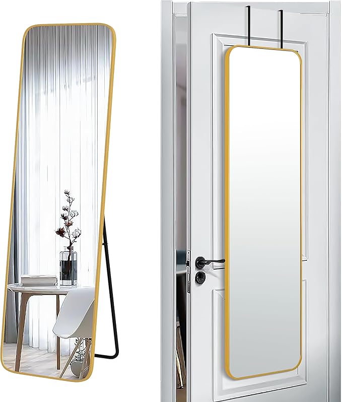 SCWF-GZ 57x16 Door Hanging Full Length Mirror, Floor Stand (Height 5.7ft just Body in1.3ft) Wall Mounted Metal Frame Rectangle Dressing Mirrors for Bedroom Bathroom Room 57 inch Gold