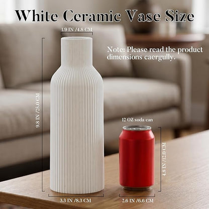 Large White Tall Ceramic Vase,Modern Matte Vertical Ribbed, Nordic Minimalist for Pampas, Dried & Fresh Flowers,Home Decor for Living Room, Coffee Table, Bookshelf, Entryway, Farmhouse
