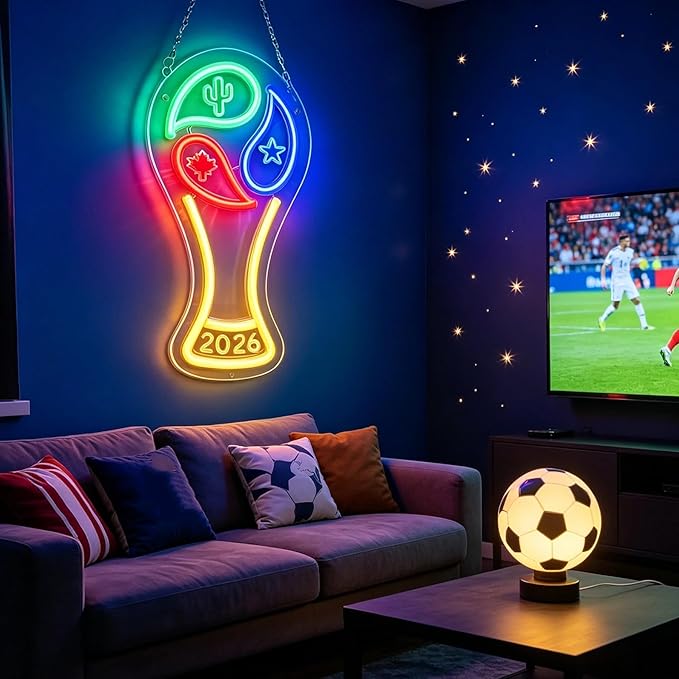 2026 Soccer World Cup Neon Sign for Wall Decor - Dimmable LED Neon Light with Hanging Chain & Hooks, Soccer Trophy Shape Light Up Sign for Bar, Game Room, Sports Fan Man Cave Party Decorations