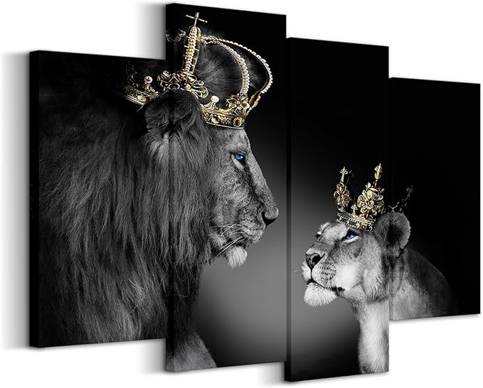 Large 4 Panel Wall Decor The Lion King and Queen with Crown Wall Art African Wild Animals Canvas Prints Pictures Black and White Modern Giclee Framed Artwork for Master Room Ready to Hang 48x33inch