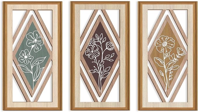Celestdeco 3 Pcs Boho Flower Wall Decor,Boho Flower Wood Wall Art,Bohemian Floral Artwork Wooden,Botanical Modern Wood Art,Minimalist Wildflower Wooden Art Abstract for Living Room Bedroom Office