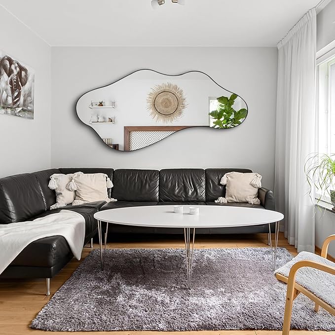 Large Irregular Mirror, 63"x30" Asymmetrical Aesthetic Wall Mirror with Metal Frame, Modern Organic Shaped Mirrors for Living Room Bedroom Hallway Entryway, Hangs Vertically or Horizontally
