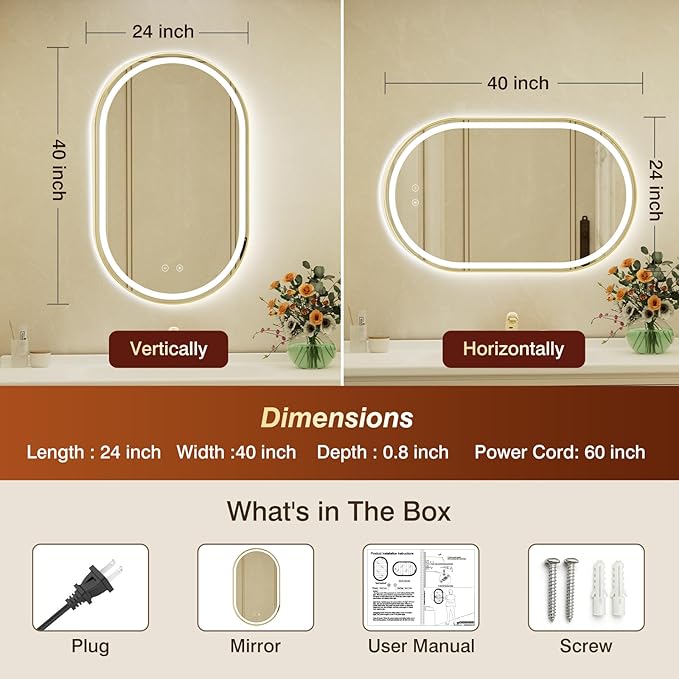 24x40 Inch Oval Gold Framed LED Bathroom Mirror with Lights, Wall-Mounted Mirror with Anti-Fog, 3 Color Temperature, Dimmable Brightness, Waterproof, Tempered Glass, Frontlit & Backlit