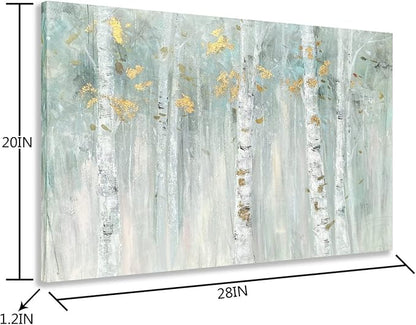 Yihui Arts Birch Tree Canvas Wall Art with Gold Foil - Abstract Forest Paintings with Textured - Green Landscape Pictures for Living Room Bedroom Bathroom Decor