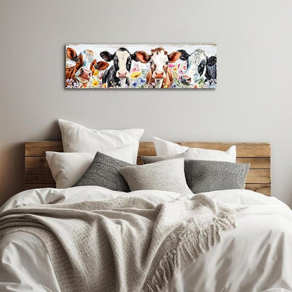 Country Cow Canvas Wall Art Kitchen Wall Decor Vintage Funny Cattle Flowers Picture Prints Rustic Farmhouse Painting Framed Colorful Wildflower Poster for Living Room Bedroom Decorations 14x48"