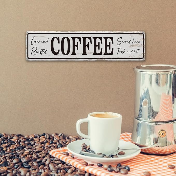 Coffee Signs for Coffees Corner Decor, Ground Roasted Coffee Served Here Sign, Retro Metal Tin Sign, Farmhouse Kitchen Wall Decor, Cafe Decoration, Decorative Metal Wall Signs 15.8x4 Inches
