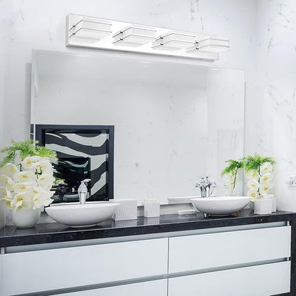 GOODATE 3 Color Temperature Dimmable Vanity Lights for Bathroom, LED Chrome 4 Light Vanity Light Fixtures, Acrylic Stainless Steel Square Shade Bathroom Light Fixtures Over Mirror, ETL Certificated