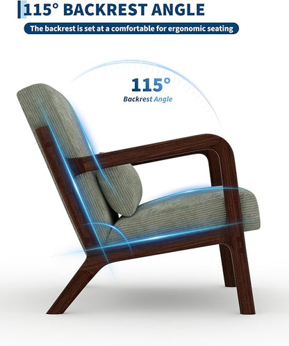 Garvee Mid-Century Modern Accent Chair, Wide-Wale Corduroy Upholstery, Solid Wood Armchair with Removable Lumbar Pillow, Sturdy Reading Chair for Living Room, Bedroom, Guest Room, Easy Assembly, Green