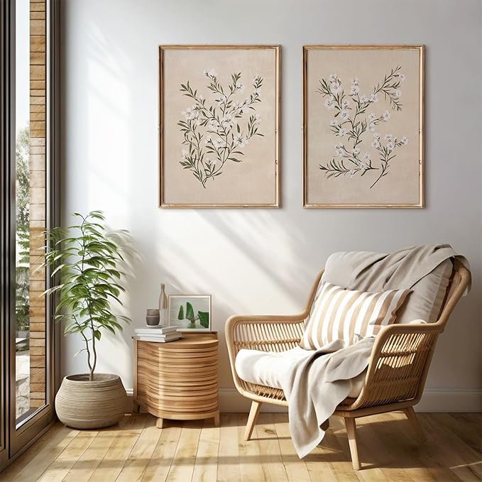Vintage Botanical Wall Art Neutral Floral Prints Farmhouse Flower Canvas Wall Decor Watercolor Wildflower Pictures Nature Minimalist Artwork for Living Room Bedroom 16x24 Inch Unframed Set of 2