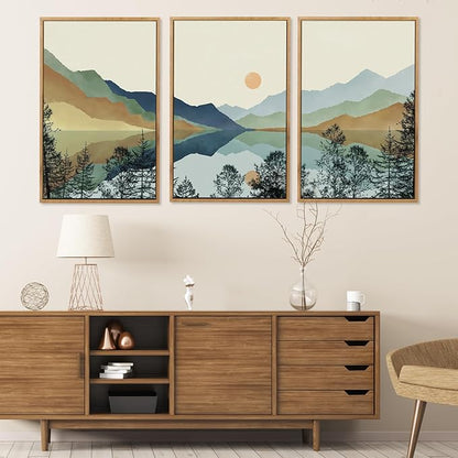 CHDITB Mountain Sun Forest Framed Art Prints(Set of 3, 24”x36”), Boho Watercolor Nature Landscape Canvas Artwork Painting, Abstract Foggy National Park Scenery Poster Decor for Living Room Bedroom