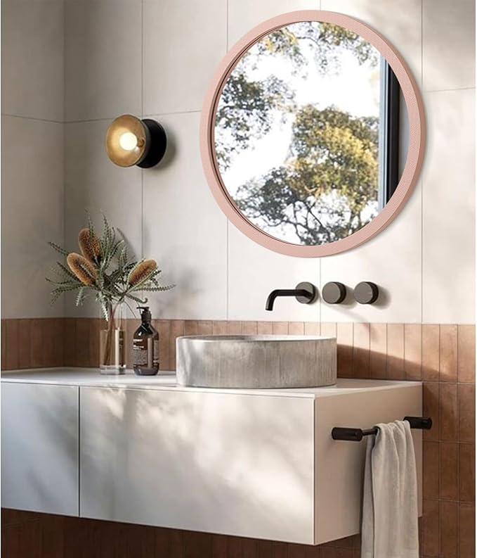 JJUUYOU Round Wall Mirror Circle Mirror Vintage Wood Frame Mounted Mirrors for Wall Bathroom Living Room Bedroom Dormitory Washroom Mirrors,Pink