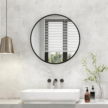 NEWBULIG 24 Inch Round Wall Mirror, Bathroom Mirror for Over Sink, Matte Metal Framed Circle Vanity Mirror, Wall Decor for Bedroom, Entryway, Anti-Rust, Tempered Glass, Hanging or Leaning, Black