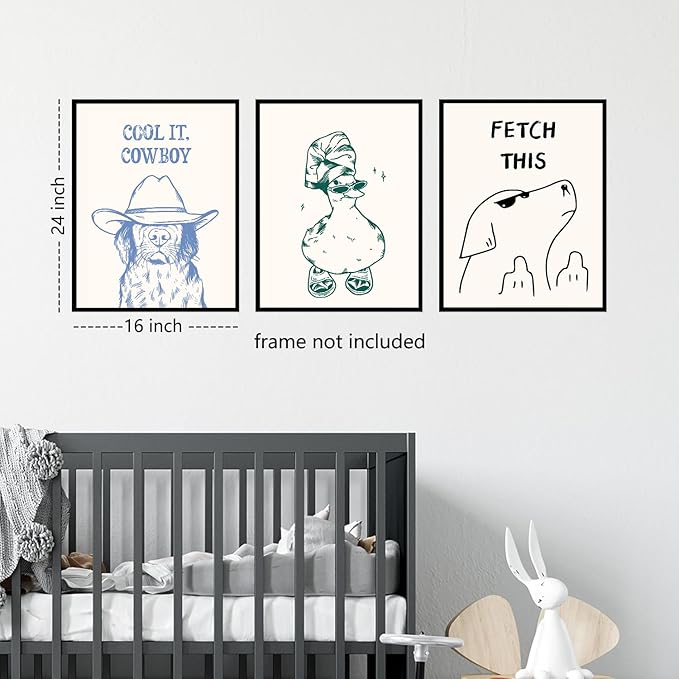 Funny Animal Bathroom Wall Art Set of 3, Cute Funky Dog and Duck Canvas Prints Posters, Simple Fashion Modern Farmhouse Animals Picture for Kids Room Dorm Living Room Wall Decor 16x24 Inch Unframed