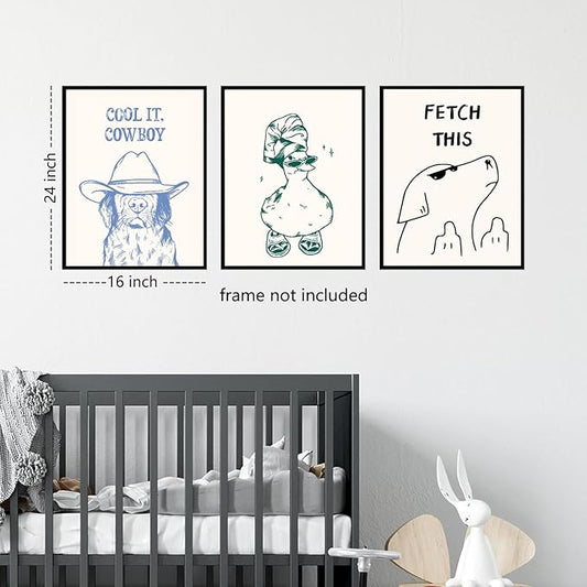 Funny Animal Bathroom Wall Art Set of 3, Cute Funky Dog and Duck Canvas Prints Posters, Simple Fashion Modern Farmhouse Animals Picture for Kids Room Dorm Living Room Wall Decor 16x24 Inch Unframed