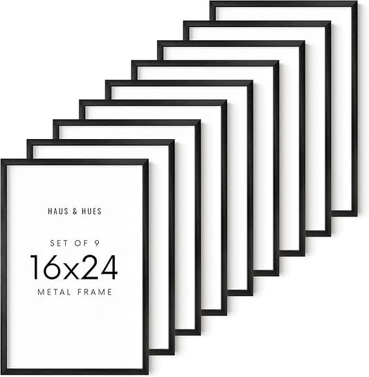 HAUS AND HUES 16x24 Black Metal Picture Frames - Features Premium Aluminum & Hanging Hardware, Shatterproof Plexiglass - Perfect for Home, Room, Office (16x24 in, Black, Set of 9)