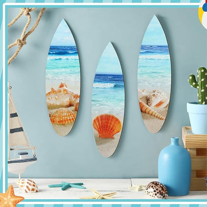 Tatuo 3 Pcs Summer Coastal Wall Decor Bathroom Beach Blue Wall Art Sea Turtle Surfboard Seahorse Starfish Seashell Conches Crabs Sea Life Decor for Bedroom Home (Surfboard)