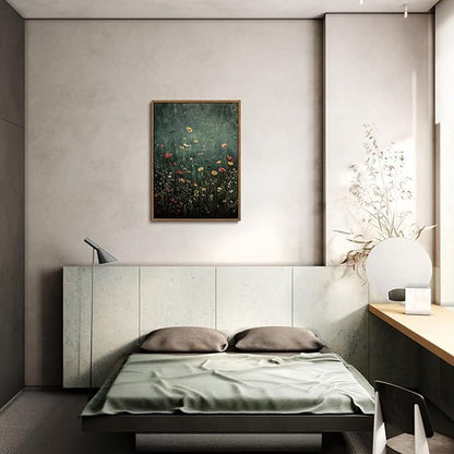 WALLZK Vintage Framed Wall Art Wildflower Canvas Prints Botanical Pictures Green Nature Floral Decor Artwork for Walls Living Room Bedroom Bathroom 16"x24"