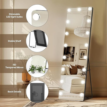 Kosmonia 56x18 Hollywood Full Length Mirror with Light, 17 Dimmable Bulbs & 3 Color Smart Touch Control, Distortion Free, Tempered Glass, Safe Full Body Mirrors with Stand