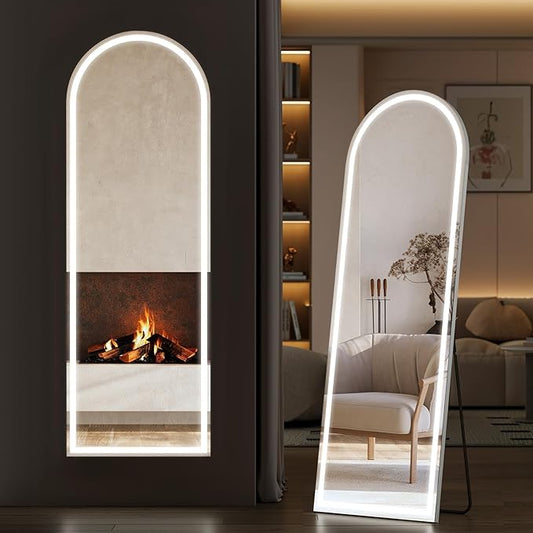 Sweetcrispy Arched LED Full Length Mirror with Stand, 60"x16" Lighted Floor Body Mirror with Dimming & 3 Color Lighting, Hanging or Leaning, Floor Standing for Bedroom, Dressing Room