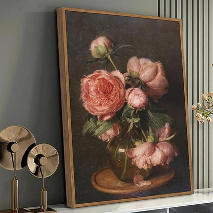 WALLZK Vintage Framed Wall Art Peony Wall Decor Pink Floral Canvas Prints Cottagecore Decor Rustic Farmhouse Pictures Artwork for Walls Living Room Bedroom Bathroom 16"x24"