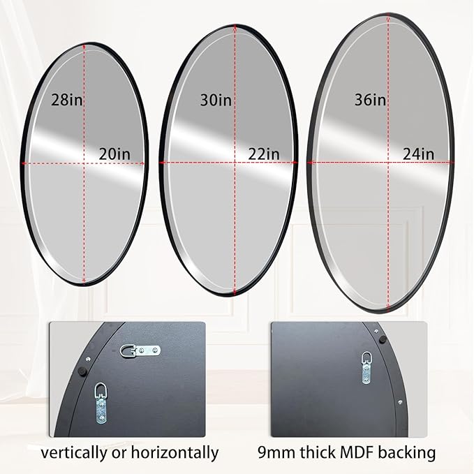 POZINO Oval Beveled Mirror, 24"x36" Bathroom Vanity Mirror for Over Sink, Matte Black Modern Oblong Wall Mirror for Living Room Entryway Bedroom Hallway Fireplace, Hangs Horizontal Or Vertical