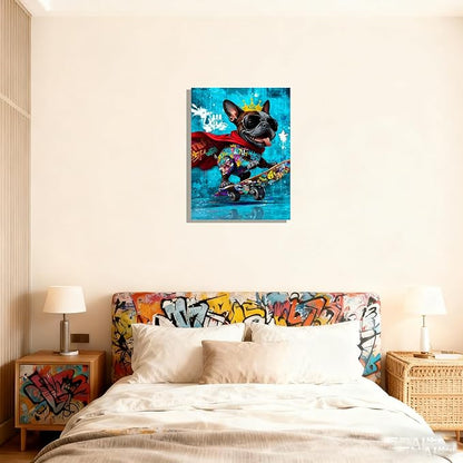 12x16 inch Graffiti French Bulldog Canvas Wall Art - Cool Skateboard Dog Poster with King Crown & Sunglasses, Pop Art Prints Street Style Framed Painting, Modern Colorful Animal Wall Decor for Bedroom Living Room
