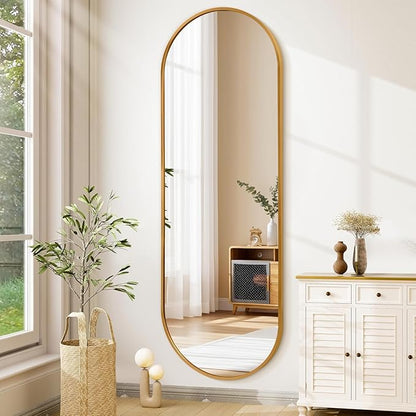 JJUUYOU Oval Full Length Bathroom Mirror Wall Mounted Mirror Gold Metal Mirrors 63"X32" Aluminum Alloy Framed Bedroom Mirrors for Living Room Entryway Dorm and Entryway