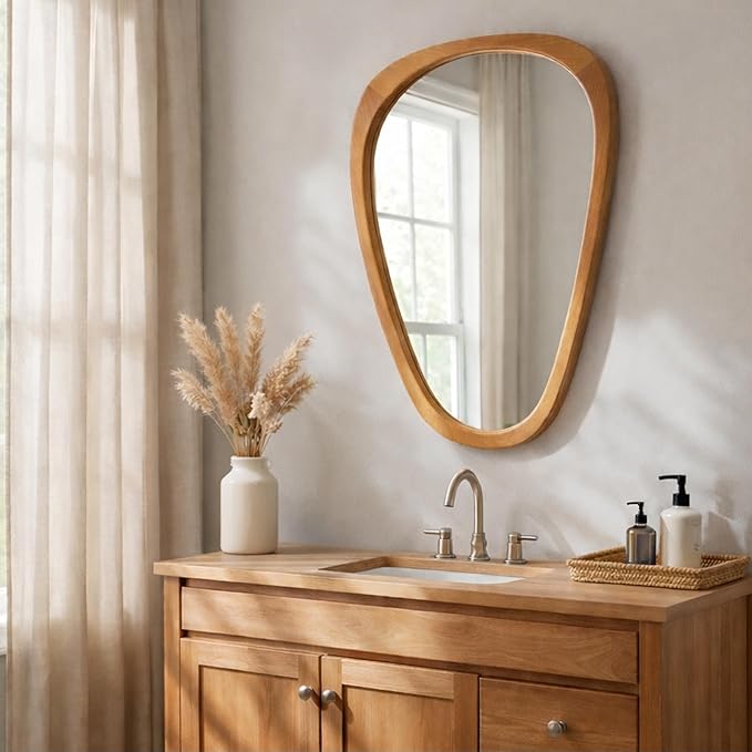 Solid Wood 36"x24" Modern Organic Asymmetrical Mirror, Warm Walnut Irregular Wooden Wall-Mounted Mirror, Sculptural Spa-Like Bathroom Vanity Mirror, Honey Walnut