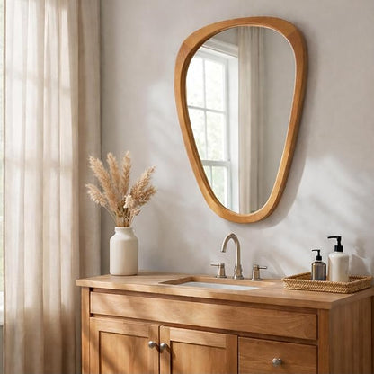 Solid Wood 36"x24" Modern Organic Asymmetrical Mirror, Warm Walnut Irregular Wooden Wall-Mounted Mirror, Sculptural Spa-Like Bathroom Vanity Mirror, Honey Walnut