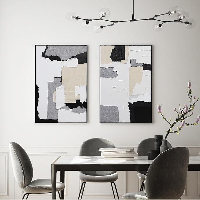 3D Textured Wall Art Hand-painted Neutral Black White Beige Tones Abstract Plaster Painting - Distressed Dimensional Minimalist Modern Living Room Bedroom Decor Framed Set of 2-24"x36" Each