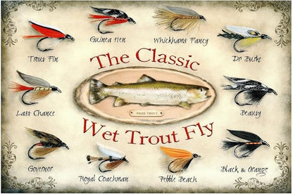 Vintage-Sign Rustic-Poster Wall-Art Fishing-Lovers, the Classic Wet Trout Fly, Funny Decor Gift Plaque for Home Farm Fence Bathroom Bedroom 8 X 12 Inch