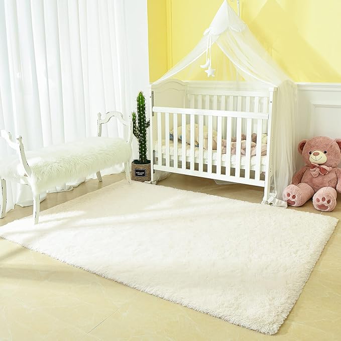 Andecor Soft Fluffy Bedroom Rugs, 4 x 6 Feet Indoor Shaggy Plush Area Rug for Boys Girls Kids Baby College Dorm Living Room Home Decor Floor Carpet, Cream White