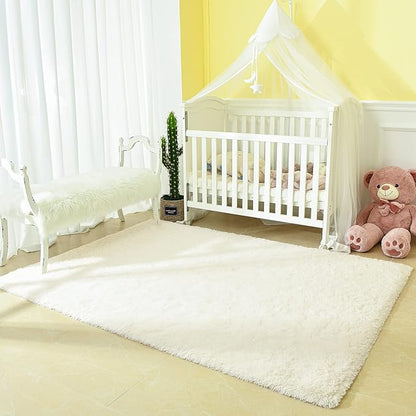 Andecor Soft Fluffy Bedroom Rugs, 4 x 6 Feet Indoor Shaggy Plush Area Rug for Boys Girls Kids Baby College Dorm Living Room Home Decor Floor Carpet, Cream White
