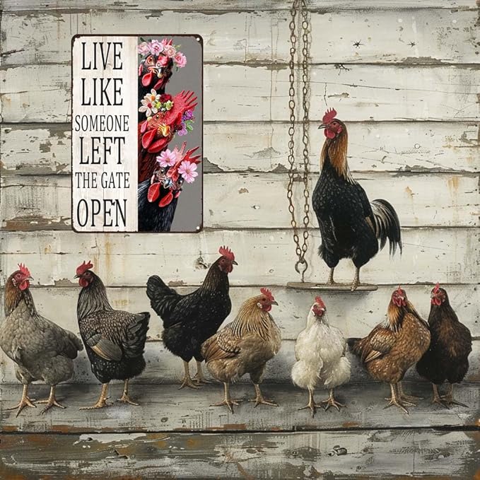 Metal Sign Chicken Live Like Someone Left The Gate Open Vintage Signs Retro Aluminum Tin Sign for Kitchen Office Home Bar Cafe Wall Decor 8x12 Inch