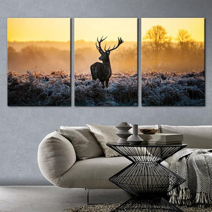 Pacimo Canvas Print Wall Art 3 Pieces Set Deer in Golden Light at Dawn Nature Wilderness Photography Realism Rustic Scenic Relax/Calm Multicolor for Living Room Bedroom Office Decor - 20"x28"x3 Panels