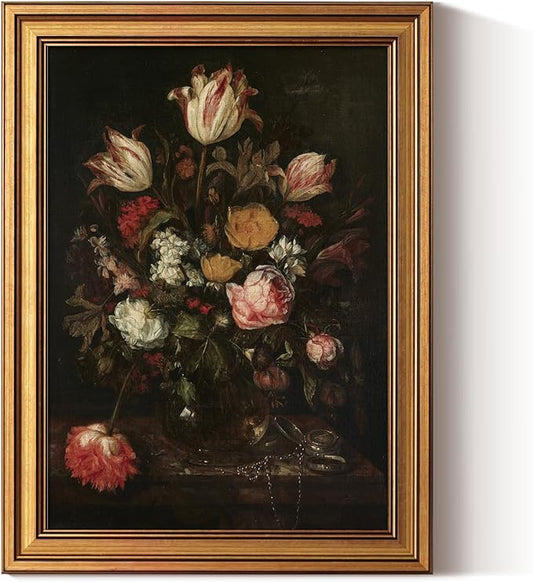 VIYYIEA ﻿Vintage Framed Floral Wall Art, Dark Flower Bouquet Retro Wall Decor, Moody Rose Floral and Tulips Paintings Farmhouse Home Decoration for Living Room Bathroom, 12x16inch